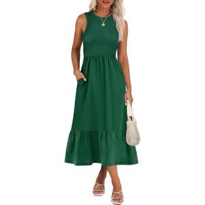 ANRABESS Women Midi Dresses 2025 Summer Casual Sleeveless Sundress High Neck Tank Top Racerback Flowy Beach Dress ＆ Pockets(Dark Green)