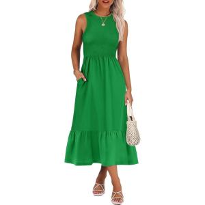 ANRABESS Women Midi Dresses 2025 Summer Casual Sleeveless Sundress High Neck Tank Top Racerback Flowy Beach Dress ＆ Pockets(Green)