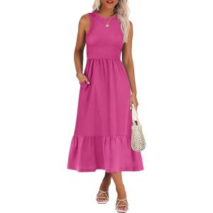 ANRABESS Women Midi Dresses 2025 Summer Casual Sleeveless Sundress High Neck Tank Top Racerback Flowy Beach Dress ＆ Pockets(Hot Pink)
