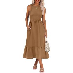 ANRABESS Women Midi Dresses 2025 Summer Casual Sleeveless Sundress High Neck Tank Top Racerback Flowy Beach Dress ＆ Pockets(Light Brown)