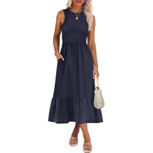 ANRABESS Women Midi Dresses 2025 Summer Casual Sleeveless Sundress High Neck Tank Top Racerback Flowy Beach Dress ＆ Pockets(Navy Blue)