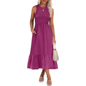ANRABESS Women Midi Dresses 2025 Summer Casual Sleeveless Sundress High Neck Tank Top Racerback Flowy Beach Dress ＆ Pockets(Purple Red)