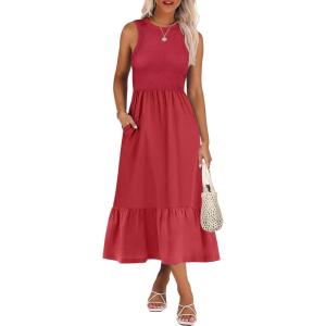 ANRABESS Women Midi Dresses 2025 Summer Casual Sleeveless Sundress High Neck Tank Top Racerback Flowy Beach Dress ＆ Pockets(Red)