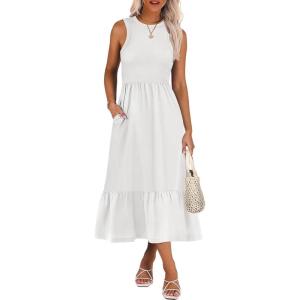 ANRABESS Women Midi Dresses 2025 Summer Casual Sleeveless Sundress High Neck Tank Top Racerback Flowy Beach Dress ＆ Pockets(White)