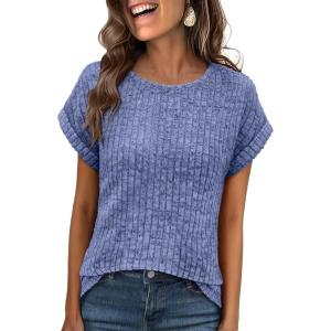 ANRABESS Women Shirts Summer Sweaters Regular Fit Short Sleeve Tunic Tops 2025 Dressy Casual Business Blouses(Blue)