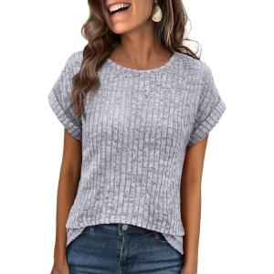 ANRABESS Women Shirts Summer Sweaters Regular Fit Short Sleeve Tunic Tops 2025 Dressy Casual Business Blouses(Grey)