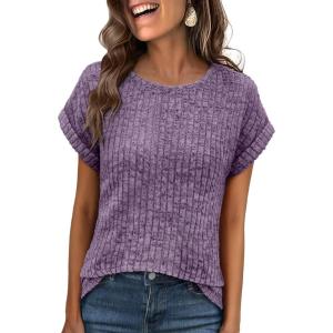 ANRABESS Women Shirts Summer Sweaters Regular Fit Short Sleeve Tunic Tops 2025 Dressy Casual Business Blouses(Purple)