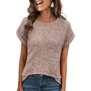 ANRABESS Women Shirts Summer Sweaters Regular Fit Short Sleeve Tunic Tops 2025 Dressy Casual Business Blouses(Tan)