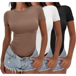 ANRABESS Women’s 3 Pack Short Sleeve Shirts 2025 Crop Tops Tight Fitted Basic Tees Workout T Shirts Y2k Clothes Summer Outfit(Black&white&brown)