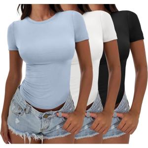 ANRABESS Women’s 3 Pack Short Sleeve Shirts 2025 Crop Tops Tight Fitted Basic Tees Workout T Shirts Y2k Clothes Summer Outfit(Black&white&haze Blue)