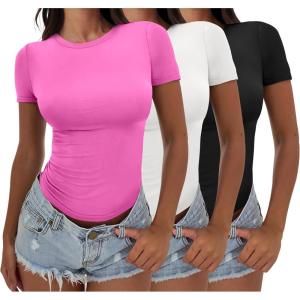 ANRABESS Women’s 3 Pack Short Sleeve Shirts 2025 Crop Tops Tight Fitted Basic Tees Workout T Shirts Y2k Clothes Summer Outfit(Black&white&hot Pink)