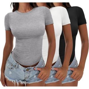 ANRABESS Women’s 3 Pack Short Sleeve Shirts 2025 Crop Tops Tight Fitted Basic Tees Workout T Shirts Y2k Clothes Summer Outfit(Black&white&light Grey)