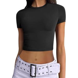 ANRABESS Womens Basic Tee Summer Outfits Crewneck Short Sleeve Crop Tops Slim Fitted T Shirts Y2k 2025 Trendy Clothing(Black)