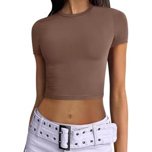 ANRABESS Womens Basic Tee Summer Outfits Crewneck Short Sleeve Crop Tops Slim Fitted T Shirts Y2k 2025 Trendy Clothing(Brown)