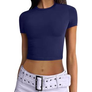 ANRABESS Womens Basic Tee Summer Outfits Crewneck Short Sleeve Crop Tops Slim Fitted T Shirts Y2k 2025 Trendy Clothing(Dark Blue)