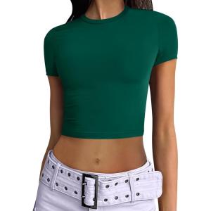 ANRABESS Womens Basic Tee Summer Outfits Crewneck Short Sleeve Crop Tops Slim Fitted T Shirts Y2k 2025 Trendy Clothing(Green)
