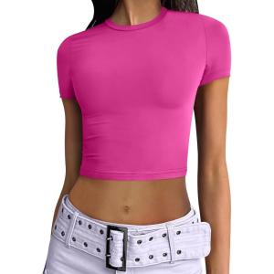 ANRABESS Womens Basic Tee Summer Outfits Crewneck Short Sleeve Crop Tops Slim Fitted T Shirts Y2k 2025 Trendy Clothing(Hot Pink)