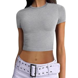 ANRABESS Womens Basic Tee Summer Outfits Crewneck Short Sleeve Crop Tops Slim Fitted T Shirts Y2k 2025 Trendy Clothing(Light Gray)