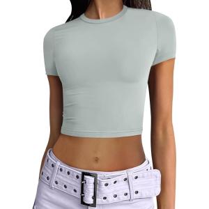 ANRABESS Womens Basic Tee Summer Outfits Crewneck Short Sleeve Crop Tops Slim Fitted T Shirts Y2k 2025 Trendy Clothing(Light Green)