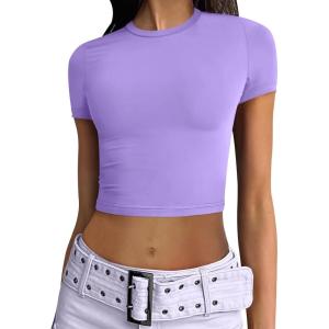 ANRABESS Womens Basic Tee Summer Outfits Crewneck Short Sleeve Crop Tops Slim Fitted T Shirts Y2k 2025 Trendy Clothing(Light Purple)