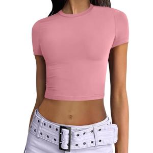 ANRABESS Womens Basic Tee Summer Outfits Crewneck Short Sleeve Crop Tops Slim Fitted T Shirts Y2k 2025 Trendy Clothing(Pink)