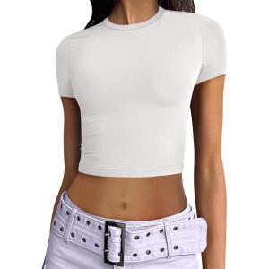 ANRABESS Womens Basic Tee Summer Outfits Crewneck Short Sleeve Crop Tops Slim Fitted T Shirts Y2k 2025 Trendy Clothing(White)