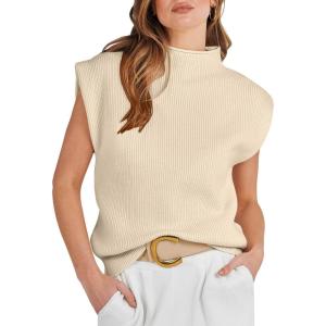 ANRABESS Women’s Mock Neck Sleeveless Sweater Vest Casual Cap Sleeve Knit Pullover Tank Tops 2025 Fall Clothes(Apricot)
