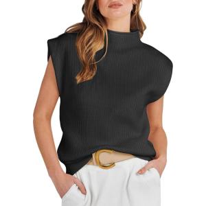 ANRABESS Women’s Mock Neck Sleeveless Sweater Vest Casual Cap Sleeve Knit Pullover Tank Tops 2025 Fall Clothes(Black)