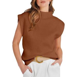 ANRABESS Women’s Mock Neck Sleeveless Sweater Vest Casual Cap Sleeve Knit Pullover Tank Tops 2025 Fall Clothes(Caramel)