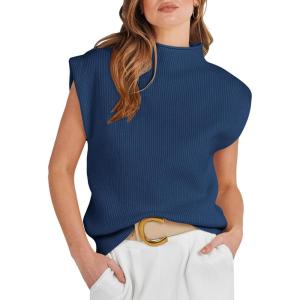 ANRABESS Women’s Mock Neck Sleeveless Sweater Vest Casual Cap Sleeve Knit Pullover Tank Tops 2025 Fall Clothes(Dark Blue)