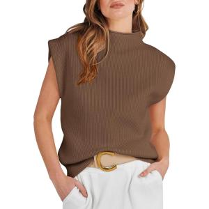 ANRABESS Women’s Mock Neck Sleeveless Sweater Vest Casual Cap Sleeve Knit Pullover Tank Tops 2025 Fall Clothes(Deep Brown)
