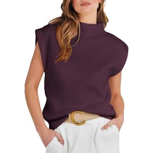 ANRABESS Women’s Mock Neck Sleeveless Sweater Vest Casual Cap Sleeve Knit Pullover Tank Tops 2025 Fall Clothes(Deep Purple)