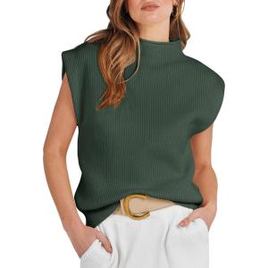 ANRABESS Women’s Mock Neck Sleeveless Sweater Vest Casual Cap Sleeve Knit Pullover Tank Tops 2025 Fall Clothes(Green)