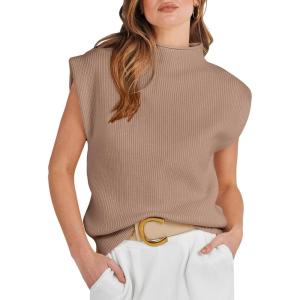 ANRABESS Women’s Mock Neck Sleeveless Sweater Vest Casual Cap Sleeve Knit Pullover Tank Tops 2025 Fall Clothes(Khaki)