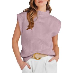 ANRABESS Women’s Mock Neck Sleeveless Sweater Vest Casual Cap Sleeve Knit Pullover Tank Tops 2025 Fall Clothes(Light Pink)