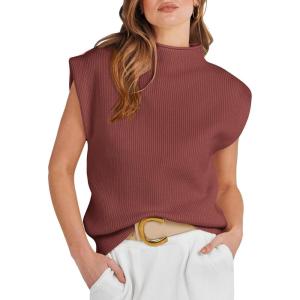 ANRABESS Women’s Mock Neck Sleeveless Sweater Vest Casual Cap Sleeve Knit Pullover Tank Tops 2025 Fall Clothes(Maroon)