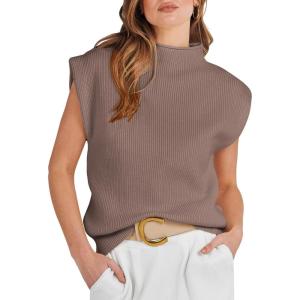ANRABESS Women’s Mock Neck Sleeveless Sweater Vest Casual Cap Sleeve Knit Pullover Tank Tops 2025 Fall Clothes(Nutmeg)