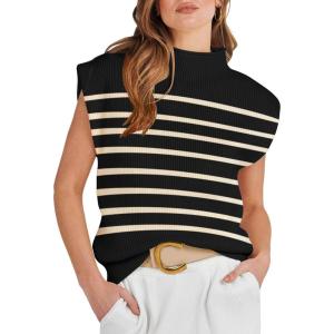 ANRABESS Women’s Mock Neck Sleeveless Sweater Vest Casual Cap Sleeve Knit Pullover Tank Tops 2025 Fall Clothes(Stripe Black)