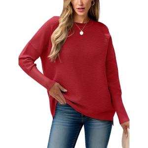 ANRABESS Womens Oversized Batwing Long Sleeve Ribbed Knit Sweaters 2025 Fall Outfits(Red)