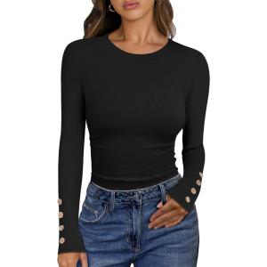 ANRABESS Womens Ribbed Long Sleeve Tops Slim Fitted Dressy Shirts Basic Tee Tshirts 2025 Fall Fasion Outfits with Buttons(Black)