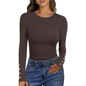 ANRABESS Womens Ribbed Long Sleeve Tops Slim Fitted Dressy Shirts Basic Tee Tshirts 2025 Fall Fasion Outfits with Buttons(Coffee)