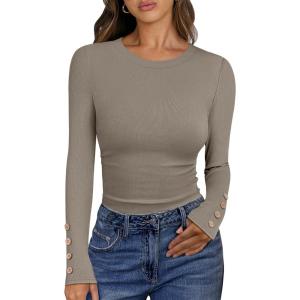 ANRABESS Womens Ribbed Long Sleeve Tops Slim Fitted Dressy Shirts Basic Tee Tshirts 2025 Fall Fasion Outfits with Buttons(Light Khaki)