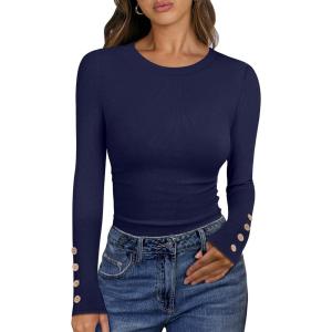 ANRABESS Womens Ribbed Long Sleeve Tops Slim Fitted Dressy Shirts Basic Tee Tshirts 2025 Fall Fasion Outfits with Buttons(Navy Blue)