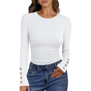 ANRABESS Womens Ribbed Long Sleeve Tops Slim Fitted Dressy Shirts Basic Tee Tshirts 2025 Fall Fasion Outfits with Buttons(White)