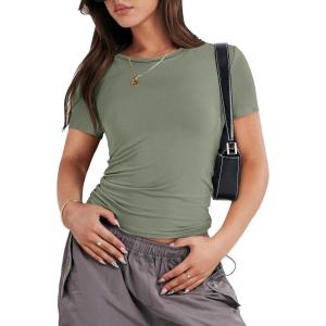 ANRABESS Women’s Short Sleeve Summer T Shirts Crew Neck Slim Fit Basic Tees 2026 Crop Tops Y2k Clothes Outfits(Army Green)