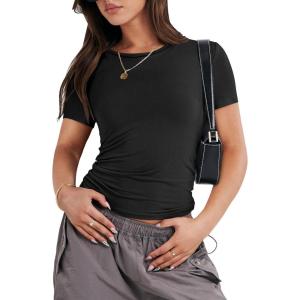 ANRABESS Women’s Short Sleeve Summer T Shirts Crew Neck Slim Fit Basic Tees 2026 Crop Tops Y2k Clothes Outfits(Black)