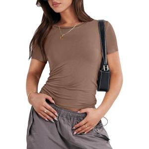 ANRABESS Women’s Short Sleeve Summer T Shirts Crew Neck Slim Fit Basic Tees 2026 Crop Tops Y2k Clothes Outfits(Brown)