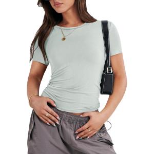 ANRABESS Women’s Short Sleeve Summer T Shirts Crew Neck Slim Fit Basic Tees 2026 Crop Tops Y2k Clothes Outfits(Light Green)