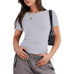 ANRABESS Women’s Short Sleeve Summer T Shirts Crew Neck Slim Fit Basic Tees 2026 Crop Tops Y2k Clothes Outfits(Light Grey)