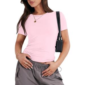 ANRABESS Women’s Short Sleeve Summer T Shirts Crew Neck Slim Fit Basic Tees 2026 Crop Tops Y2k Clothes Outfits(Light Pink)